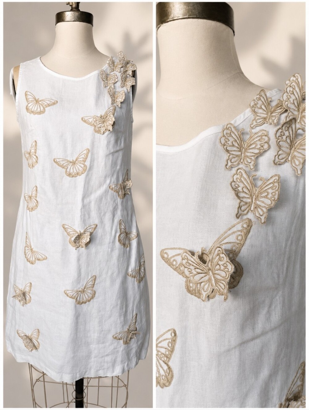 Junco y Arena Linen 3D Butterfly White Tan Dress, S/M